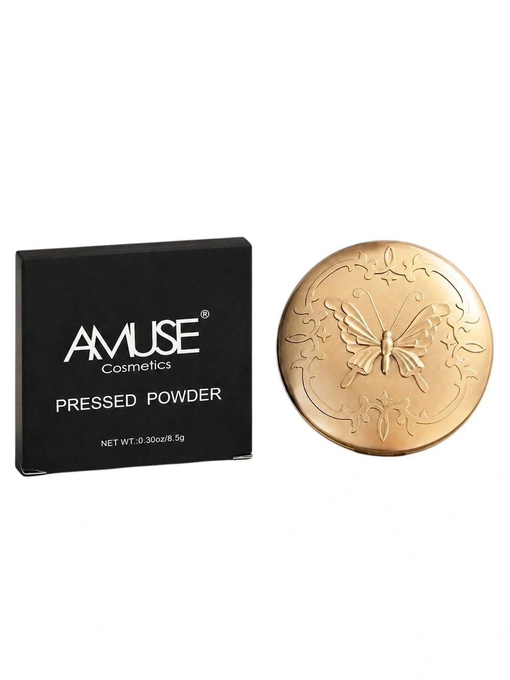 AMUSE Porcelain Pressed Setting Powder Raised Embossed Gold Butterfly Compact